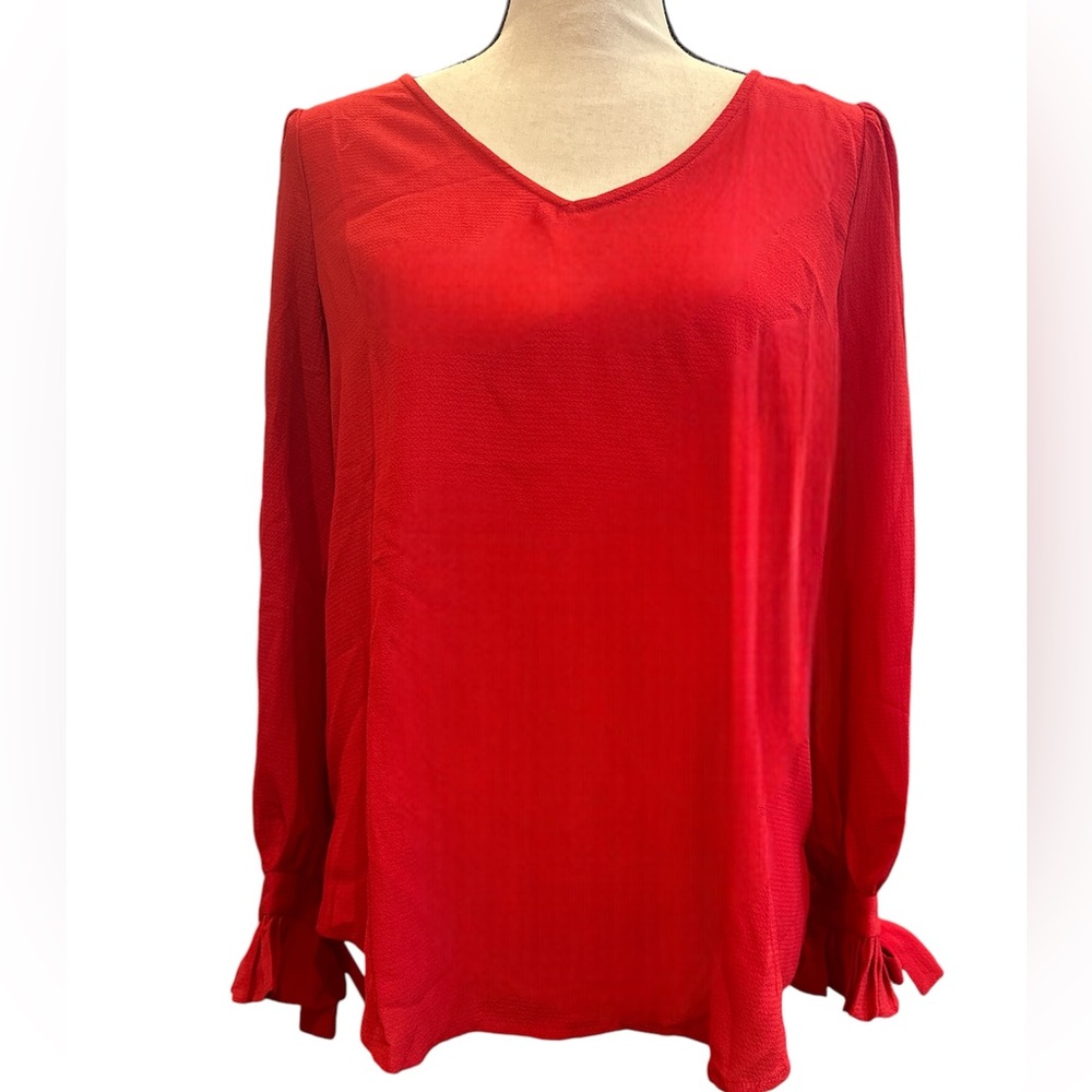 New Kate & Mallory® Woven Tie Sleeve V-Neck Blouse Red Sz M